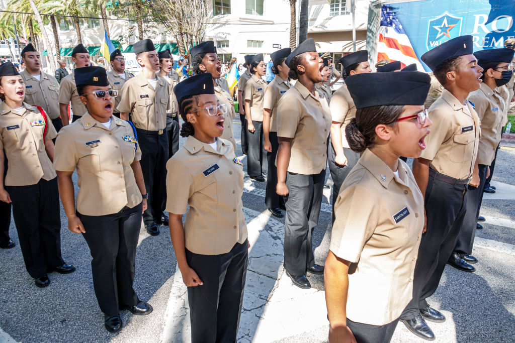 The G. Holmes Braddock Senior High School Naval JROTC Unit cadets at the Miami Beach, Florida Veterans Day Parade, November 11, 2022. (Jeffrey Greenberg / Universal Images Group via Getty Images)